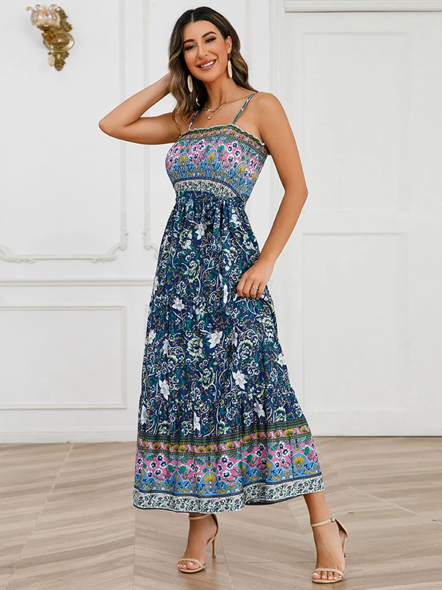 Strap Bohemia Floral Printed Maxi Boho Dress with Belt