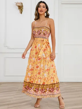 Strap Bohemia Floral Printed Maxi Boho Dress with Belt