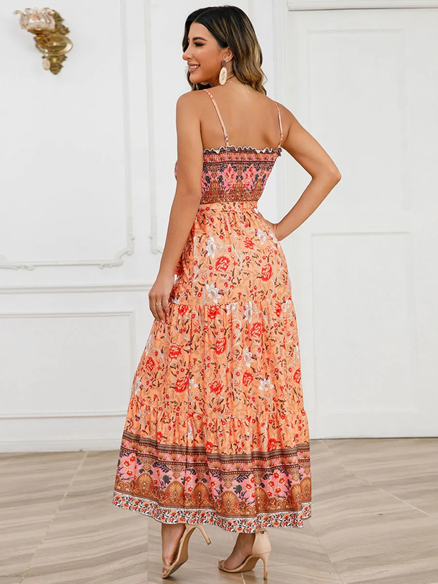 Strap Bohemia Floral Printed Maxi Boho Dress with Belt