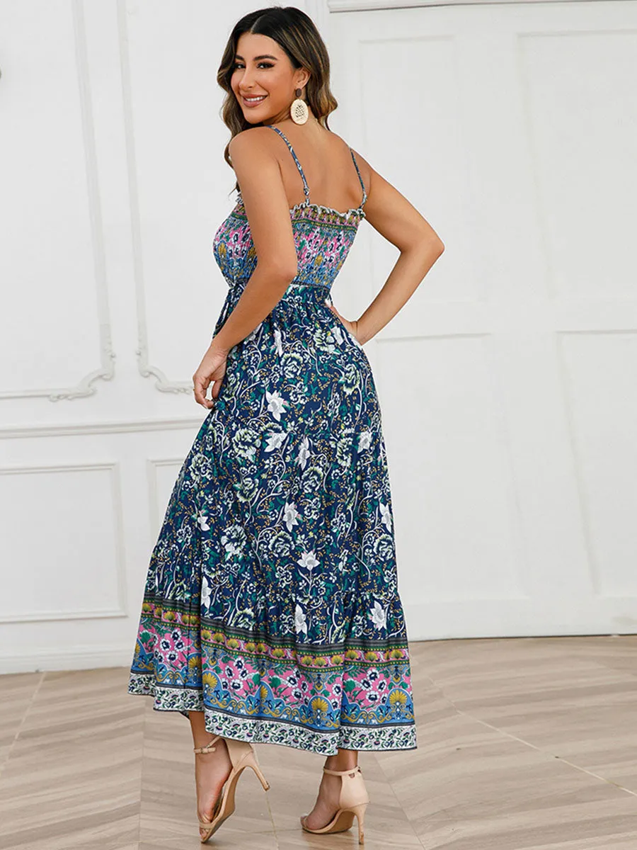 Strap Bohemia Floral Printed Maxi Boho Dress with Belt