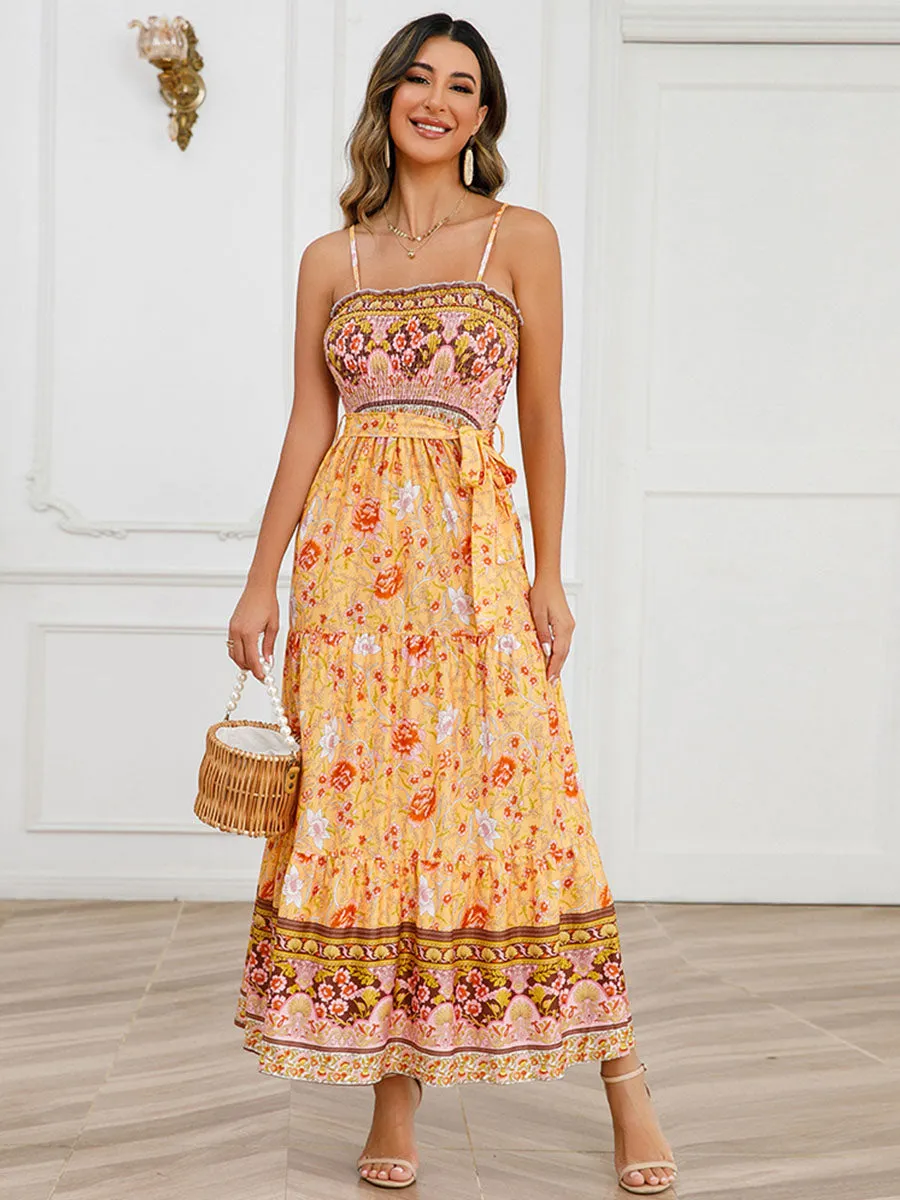 Strap Bohemia Floral Printed Maxi Boho Dress with Belt