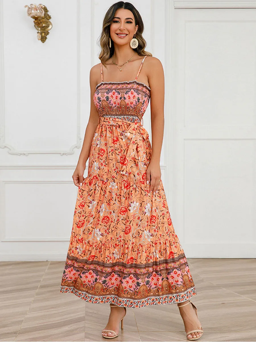 Strap Bohemia Floral Printed Maxi Boho Dress with Belt