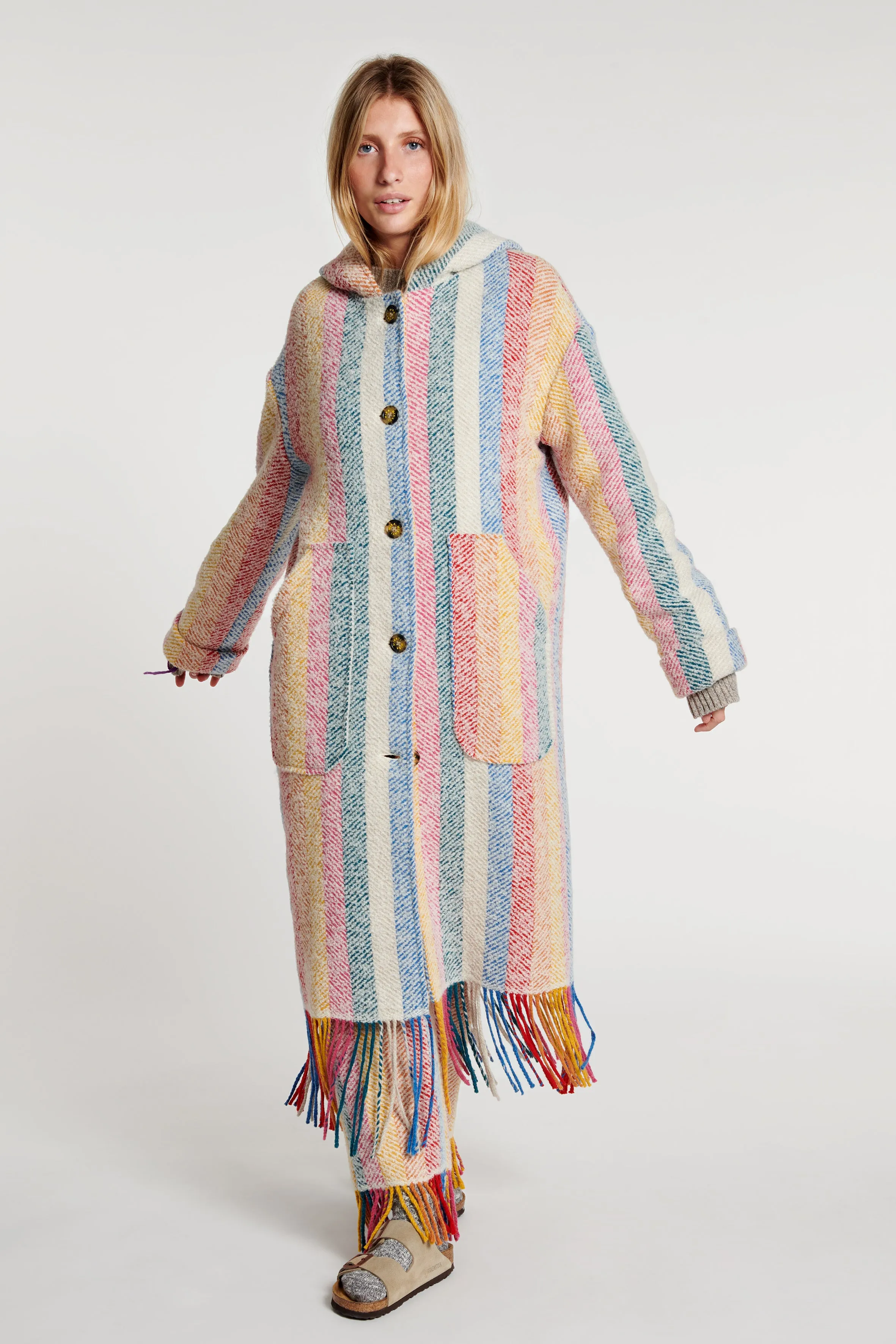 Stripe Blanket Fringe Hooded Coat