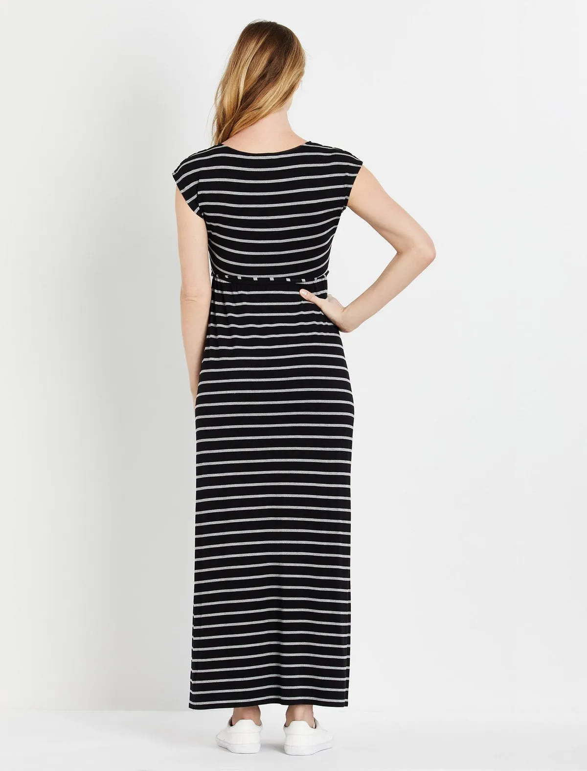 Striped V-Neck Maxi Maternity Dress in Grey Black Stripe