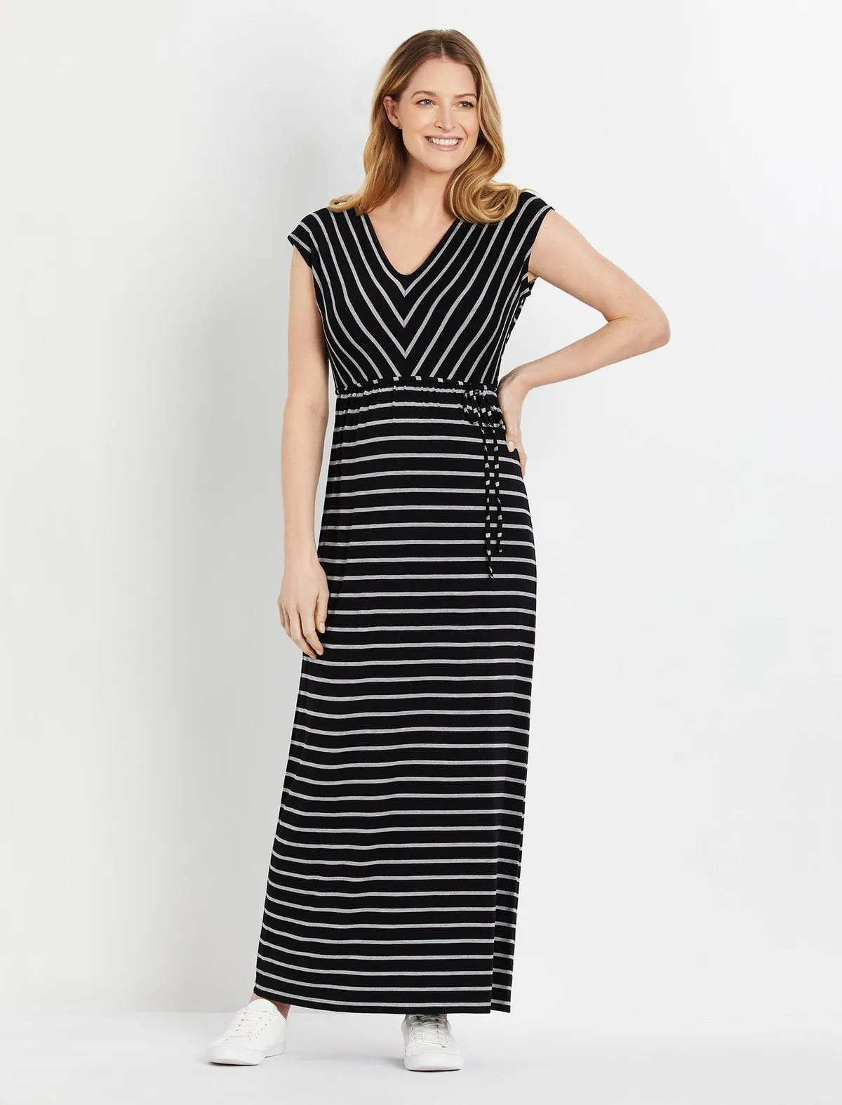 Striped V-Neck Maxi Maternity Dress in Grey Black Stripe