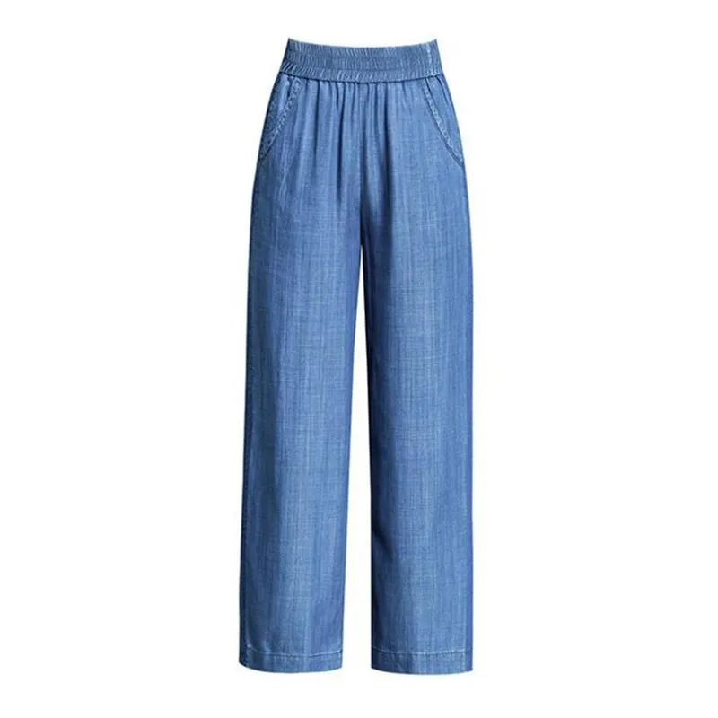 Summer Casual Ladies' Slim Mid Waist Cotton Wide Leg Jeans