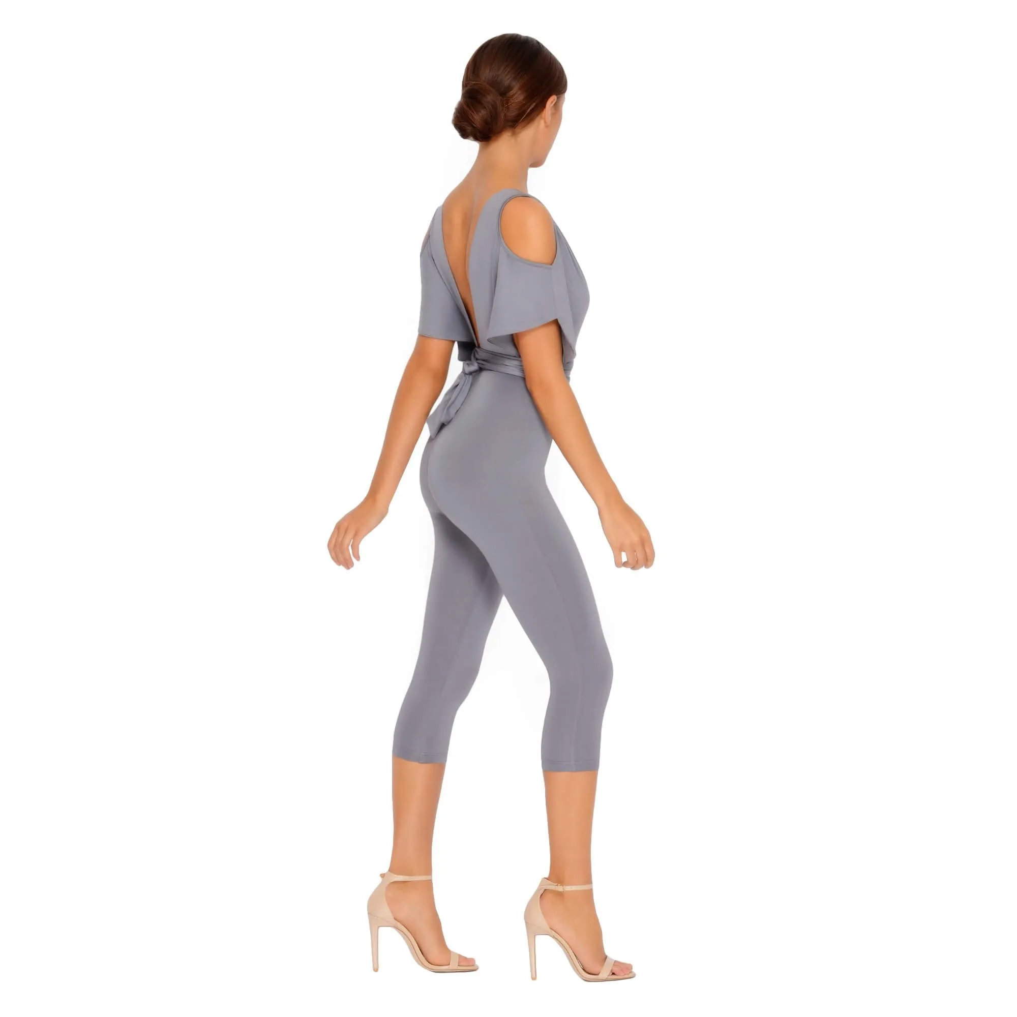 Take The Plunge Cold Shoulder Cropped Jumpsuit in Sharkskin Grey