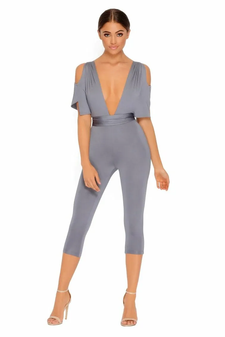 Take The Plunge Cold Shoulder Cropped Jumpsuit in Sharkskin Grey