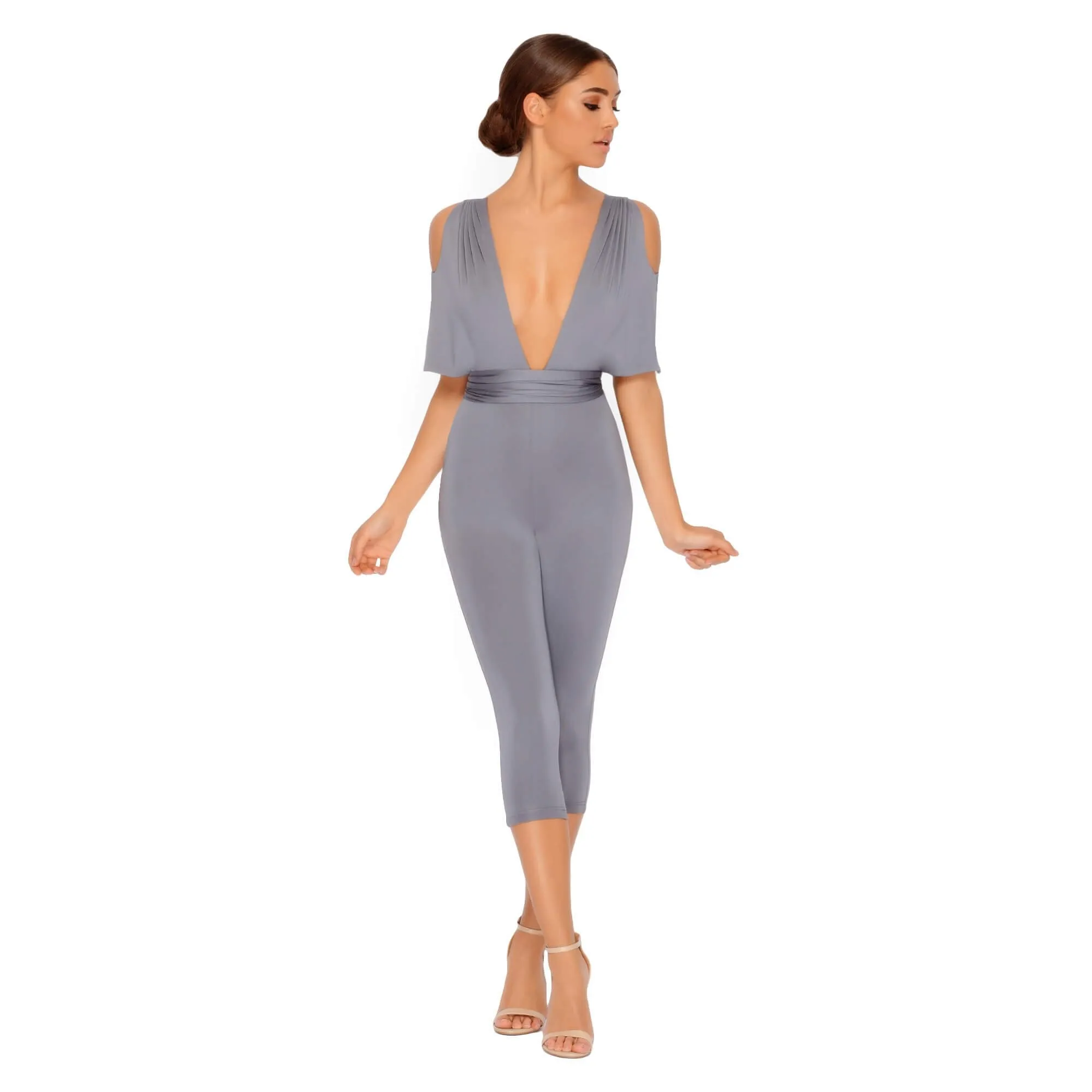 Take The Plunge Cold Shoulder Cropped Jumpsuit in Sharkskin Grey