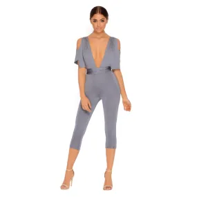 Take The Plunge Cold Shoulder Cropped Jumpsuit in Sharkskin Grey