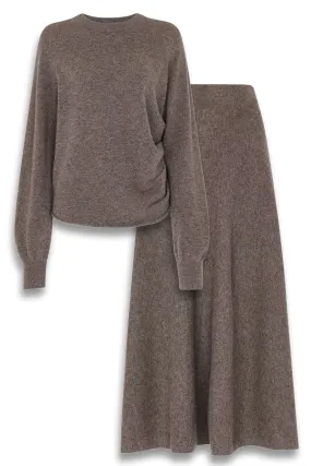 Taupe Side Ruched Detail Knit Jumper & Midi Skirt Co-ord