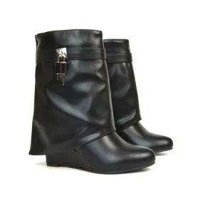 Teddy Fold Over Wedge Heel Pull On Ankle Boots in Black Synthetic Leather