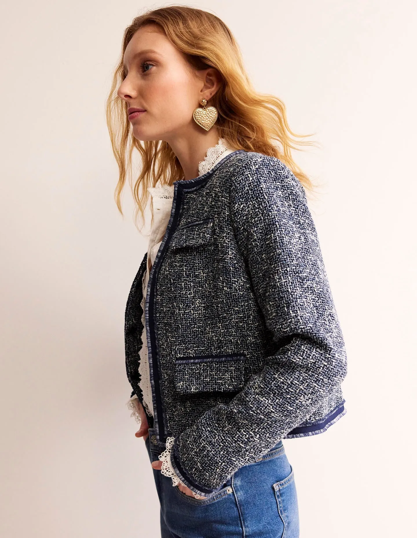 Textured Interest Crop Jacket-Navy