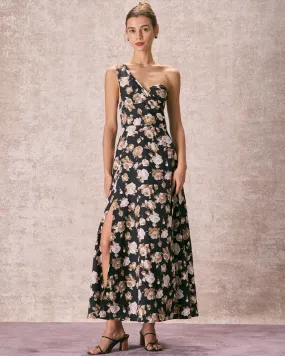 The Black One Shoulder Floral Maxi Dress