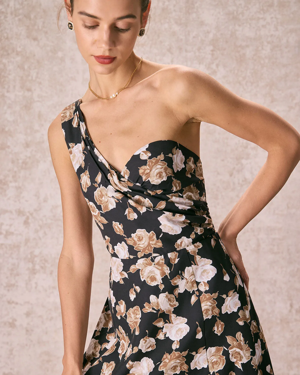 The Black One Shoulder Floral Maxi Dress