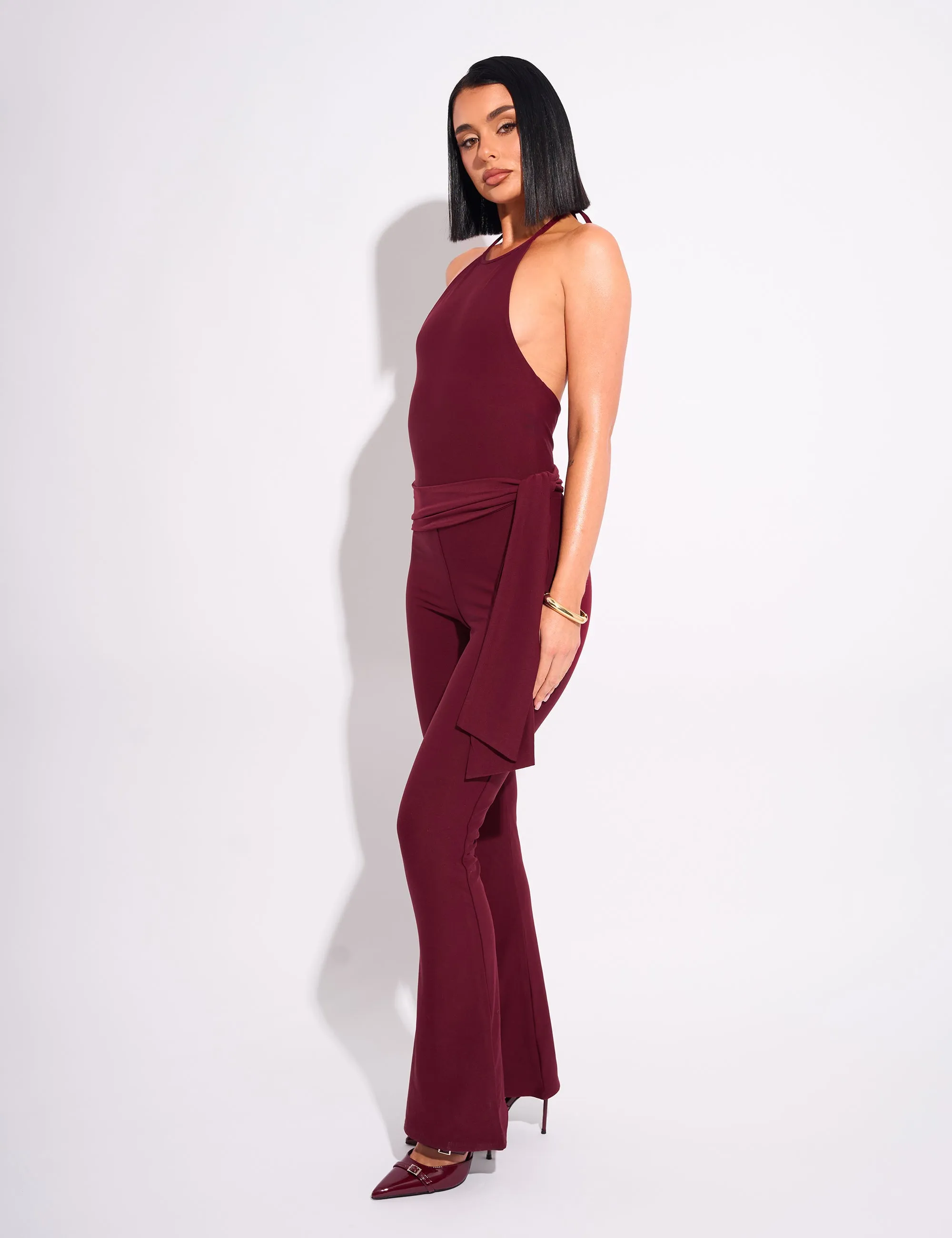 Tie Back Luxe Slinky Jumpsuit Burgundy