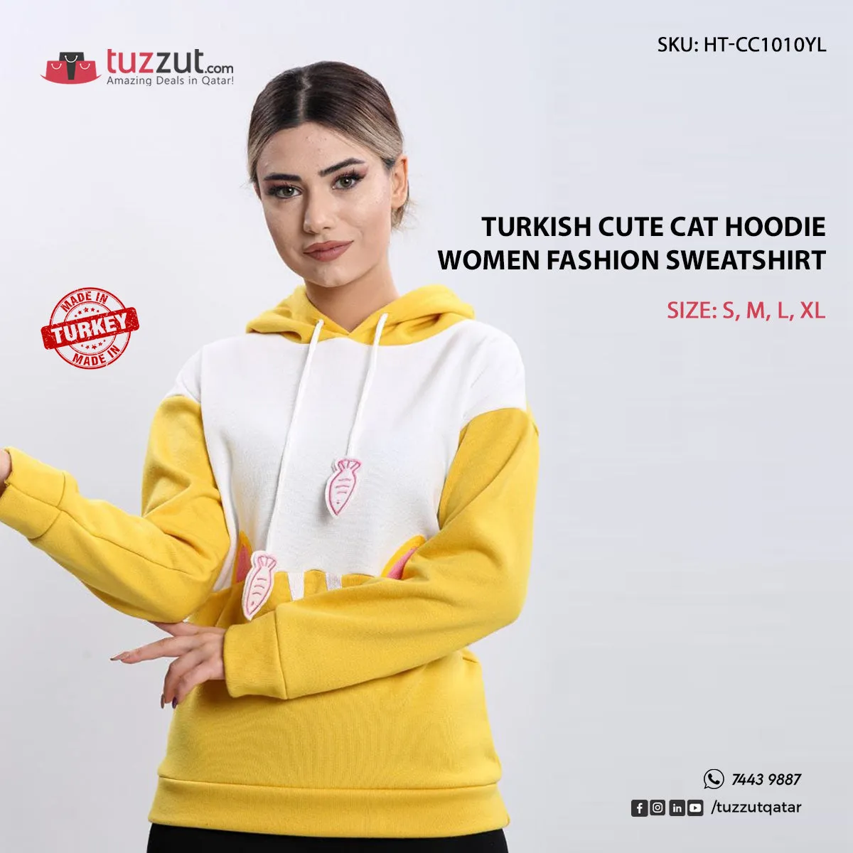 Turkish Cute Cat Hoodie Women Fashion Sweatshirt - Yellow