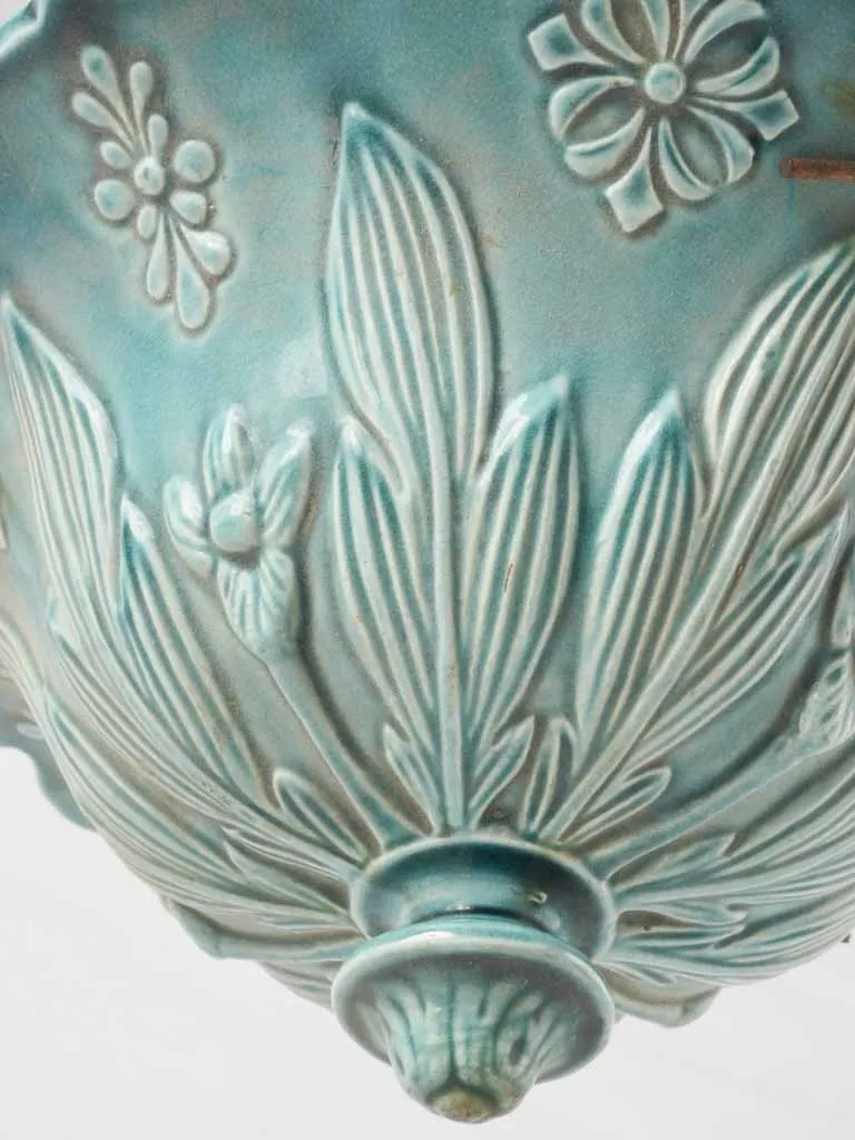 Turquoise majolica hanging flower planter 10¾"