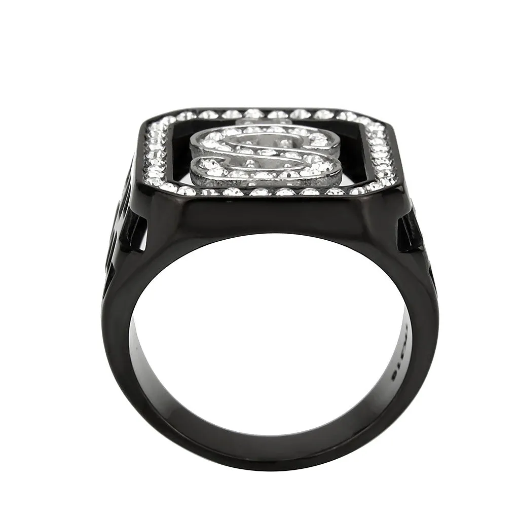 Two Tone IP Black (Ion Plating) Stainless Steel Ring with Top Grade Crystal in Clear for Women Style TK3758