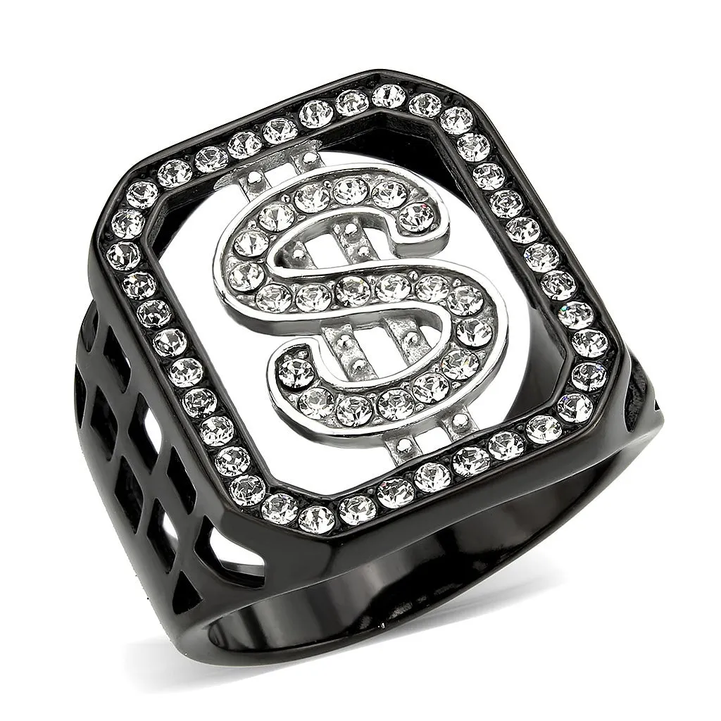 Two Tone IP Black (Ion Plating) Stainless Steel Ring with Top Grade Crystal in Clear for Women Style TK3758