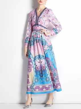 V Neck Long Sleeves Floral Printed High Waist Maxi Beach Boho Dress