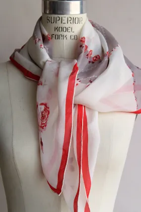 Vintage 1950s Cravenette Rose Print Chiffon Scarf