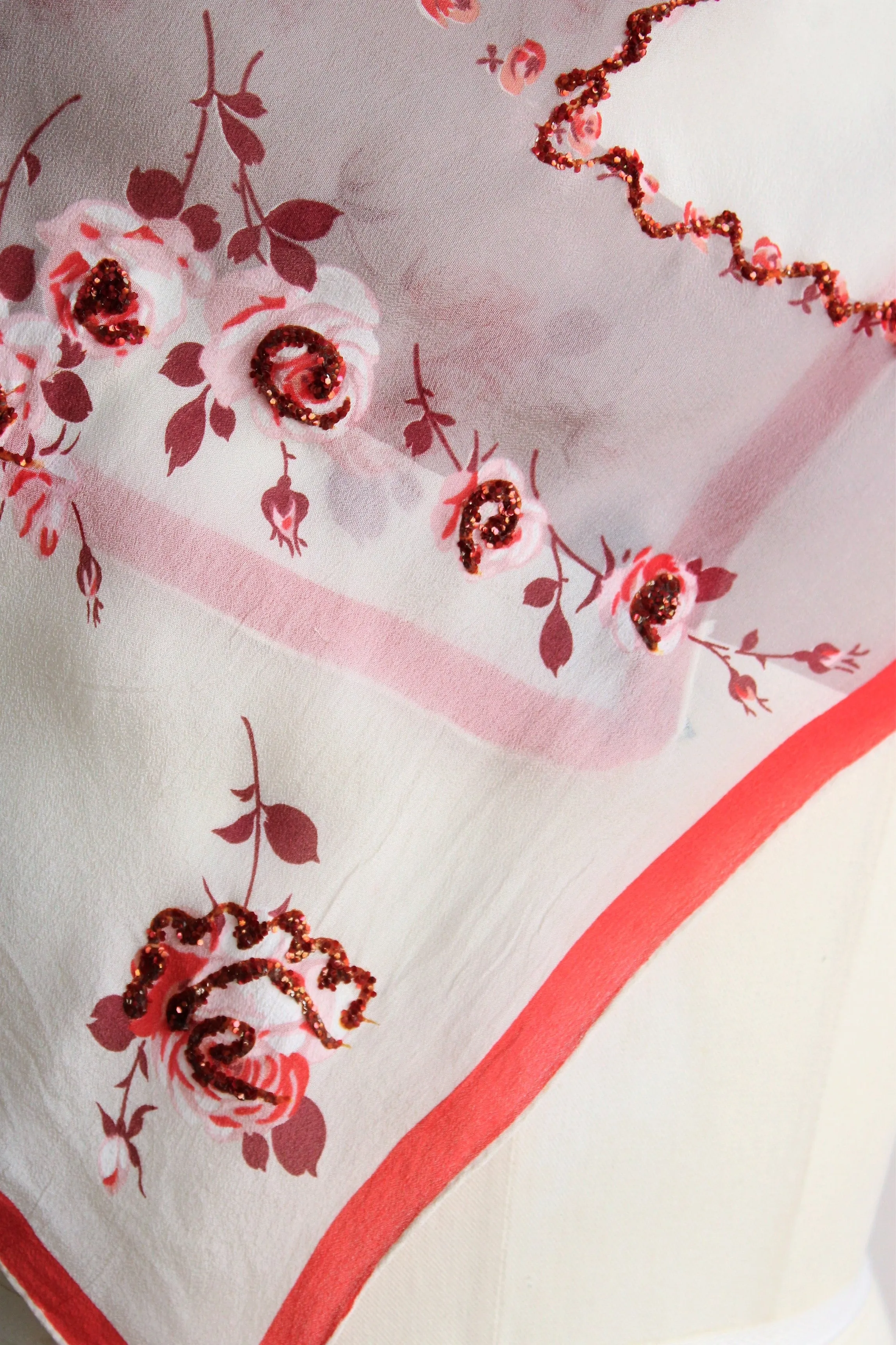 Vintage 1950s Cravenette Rose Print Chiffon Scarf