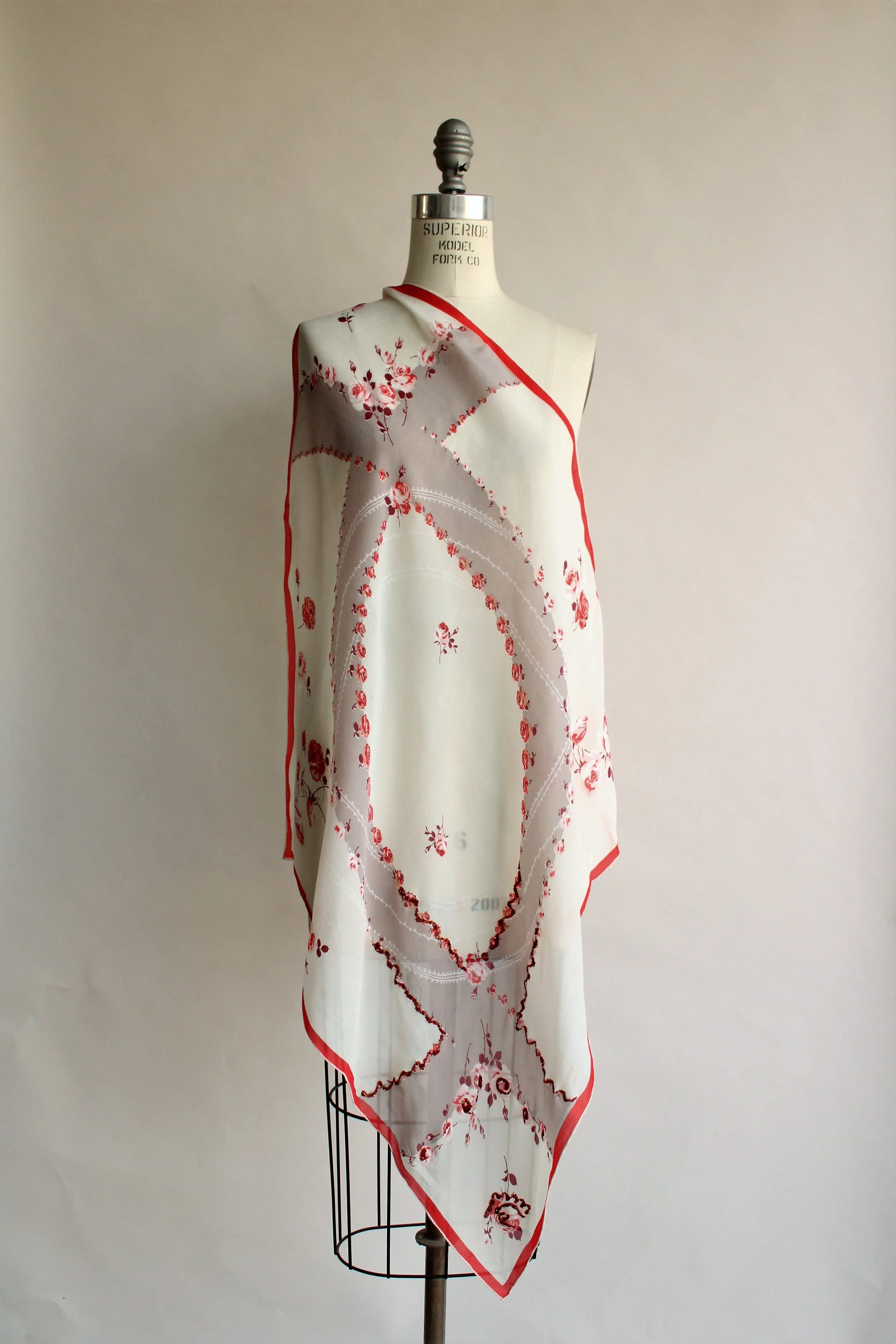 Vintage 1950s Cravenette Rose Print Chiffon Scarf