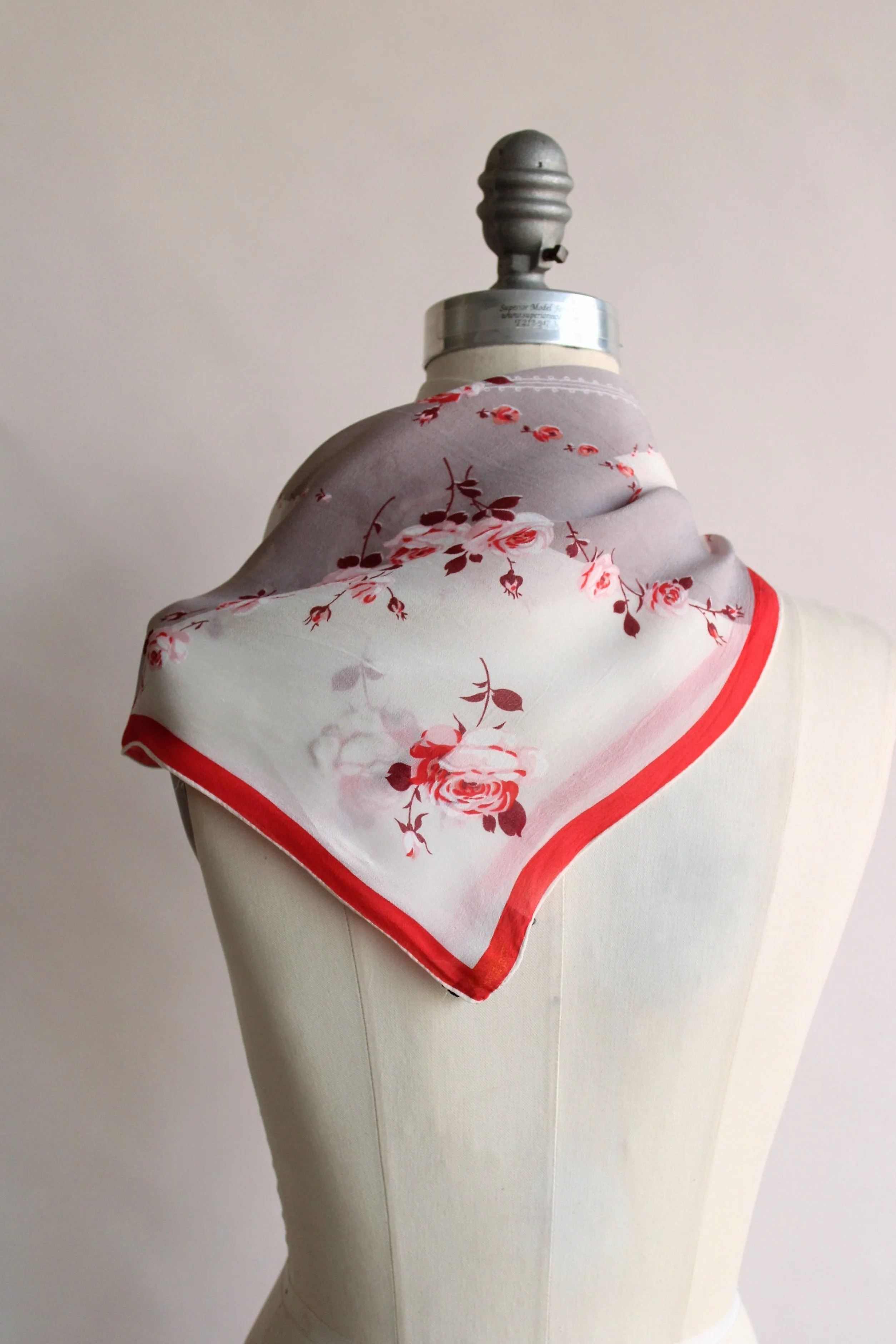 Vintage 1950s Cravenette Rose Print Chiffon Scarf