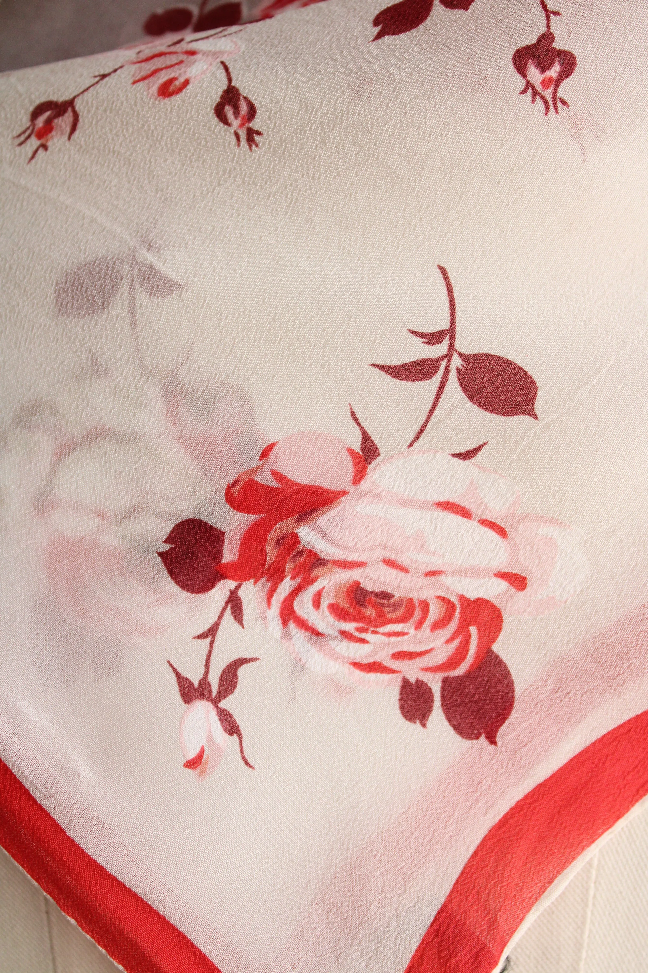 Vintage 1950s Cravenette Rose Print Chiffon Scarf