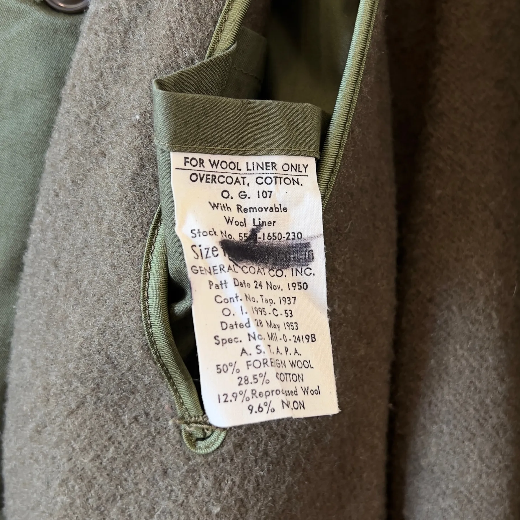 Vintage 1950s U.S. Army OG 107 Heavy Field Wool Overcoat