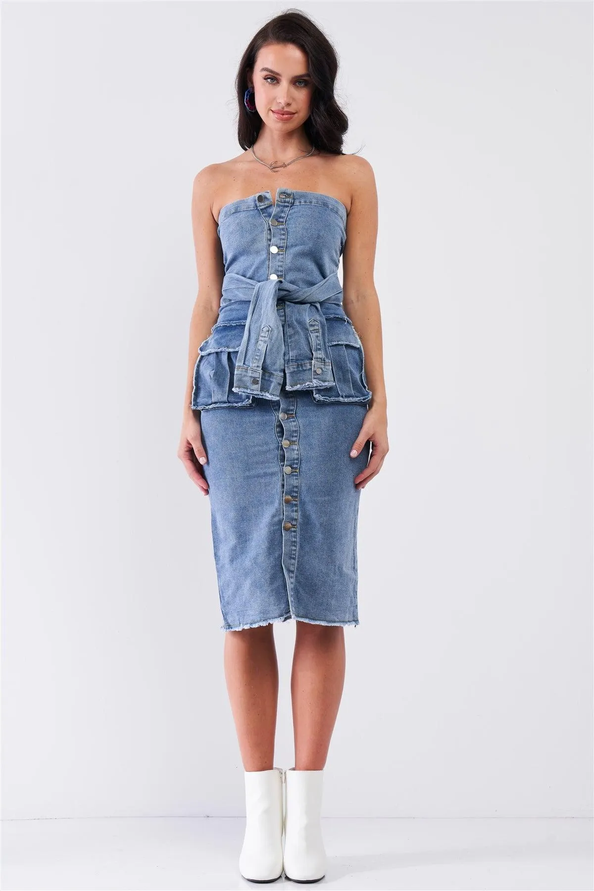 Vintage Medium Blue DenimSleeveless Strapless Button Down Mock Sleeve Wrap Detail Tube Midi Dress With Front Pockets /2-2-2