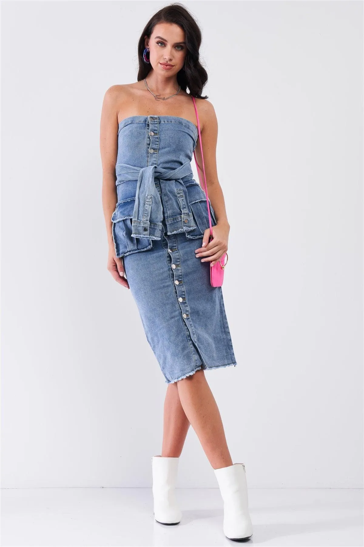 Vintage Medium Blue DenimSleeveless Strapless Button Down Mock Sleeve Wrap Detail Tube Midi Dress With Front Pockets /2-2-2