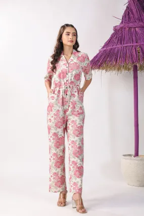 Watercolour Pink Florals on Off white Cotton Flex Jumpsuit