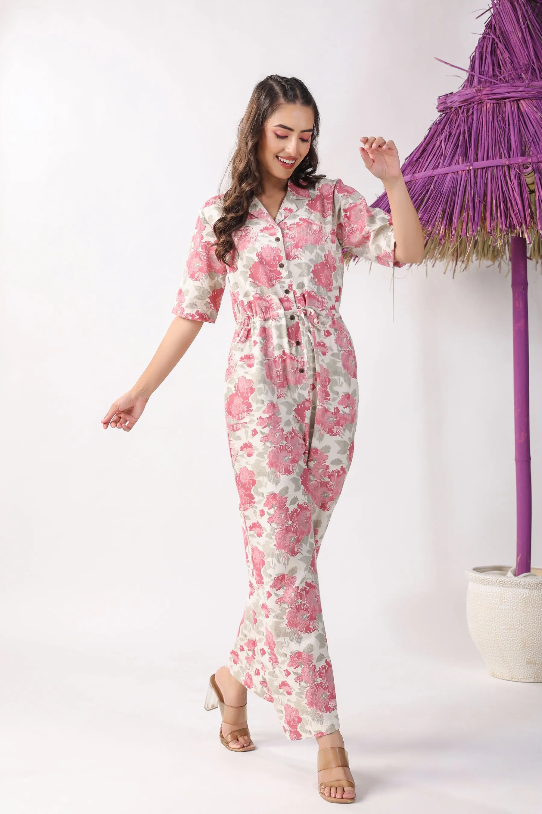 Watercolour Pink Florals on Off white Cotton Flex Jumpsuit