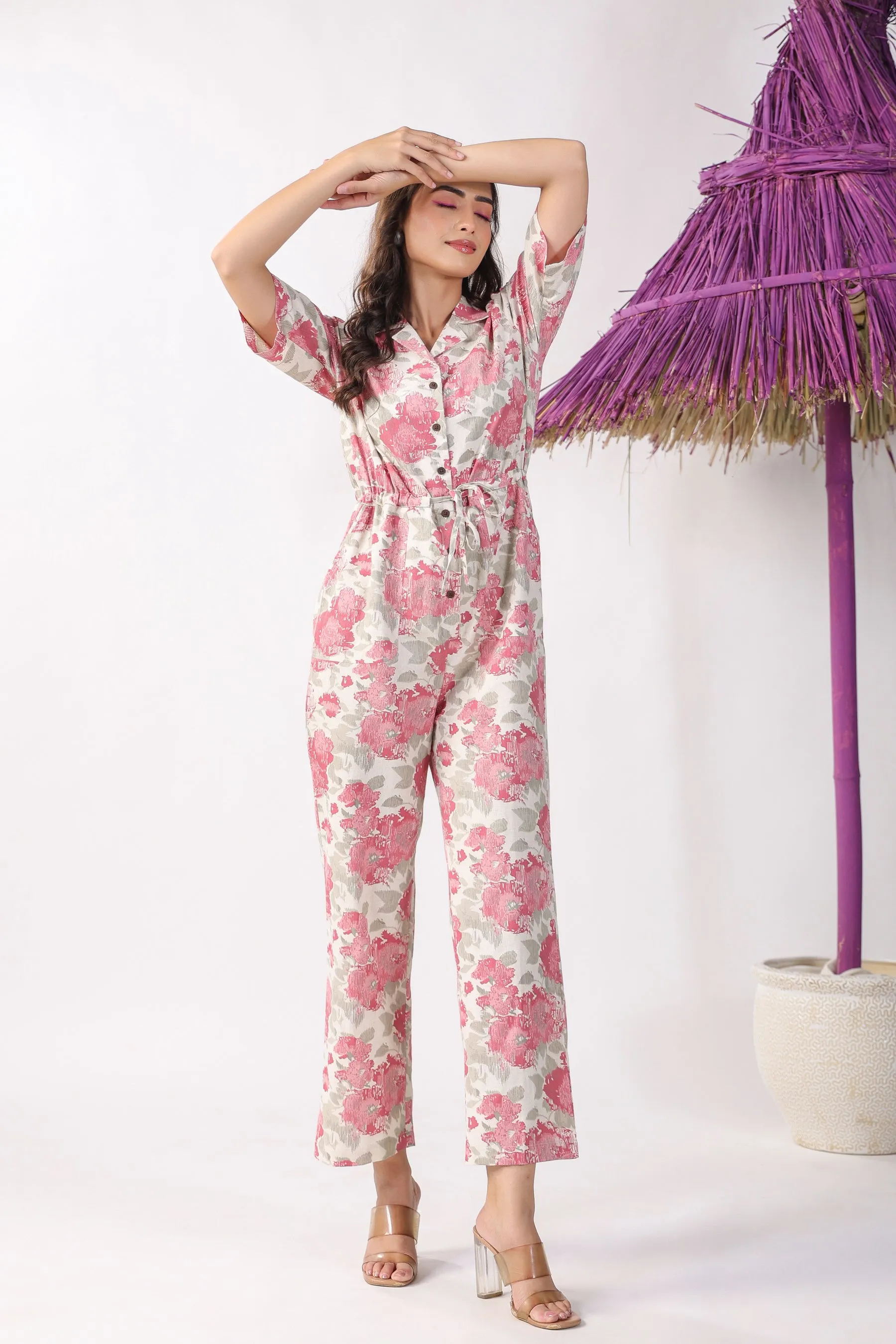 Watercolour Pink Florals on Off white Cotton Flex Jumpsuit