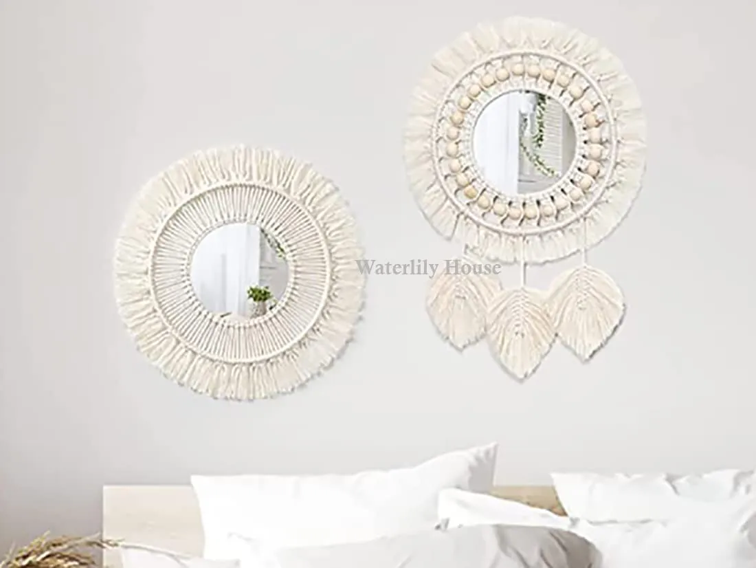 Waterlily House's - 02 Set Small Round Decoratic Macrame Mirror Wall Hanging Cotton Fringe Round Mirror Art Boho Decor for Apartment Living Room Bedroom Baby Nursery., Off-White (Mirror - 2)