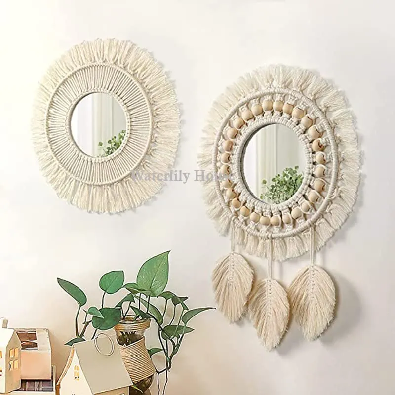 Waterlily House's - 02 Set Small Round Decoratic Macrame Mirror Wall Hanging Cotton Fringe Round Mirror Art Boho Decor for Apartment Living Room Bedroom Baby Nursery., Off-White (Mirror - 2)