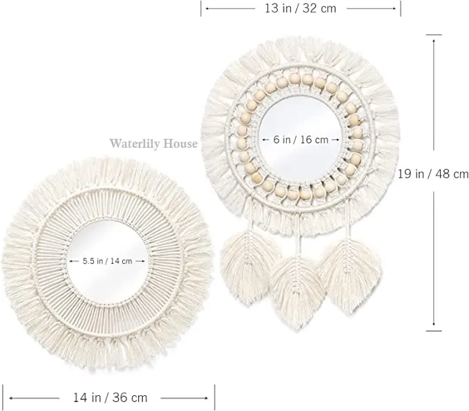 Waterlily House's - 02 Set Small Round Decoratic Macrame Mirror Wall Hanging Cotton Fringe Round Mirror Art Boho Decor for Apartment Living Room Bedroom Baby Nursery., Off-White (Mirror - 2)