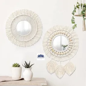 Waterlily House's - 02 Set Small Round Decoratic Macrame Mirror Wall Hanging Cotton Fringe Round Mirror Art Boho Decor for Apartment Living Room Bedroom Baby Nursery., Off-White (Mirror - 2)