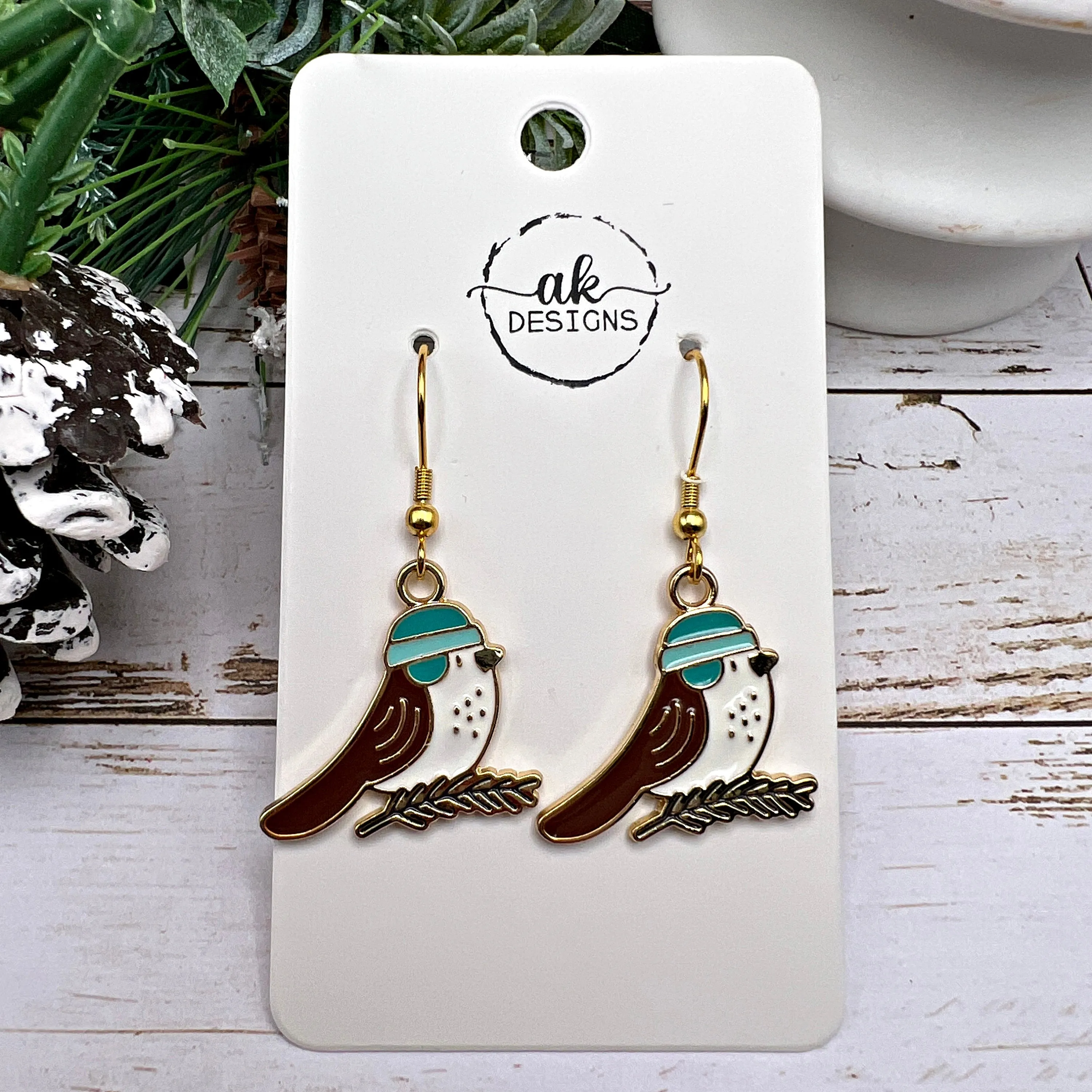 Winter Birds, Black-headed Oriole, Brown Trasher, Goldtone Enamel Hypoallergenic  Earrings - Animal