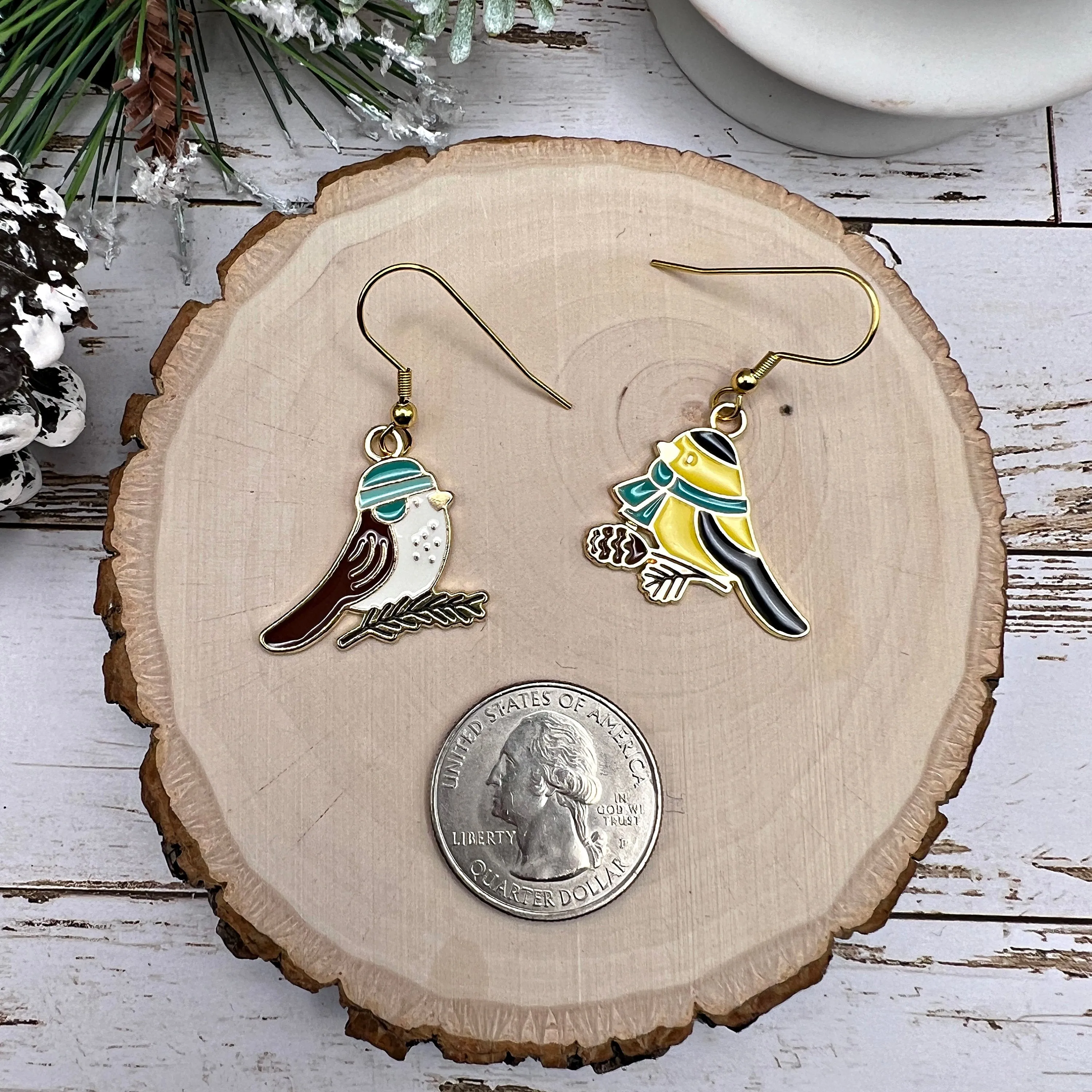 Winter Birds, Black-headed Oriole, Brown Trasher, Goldtone Enamel Hypoallergenic  Earrings - Animal