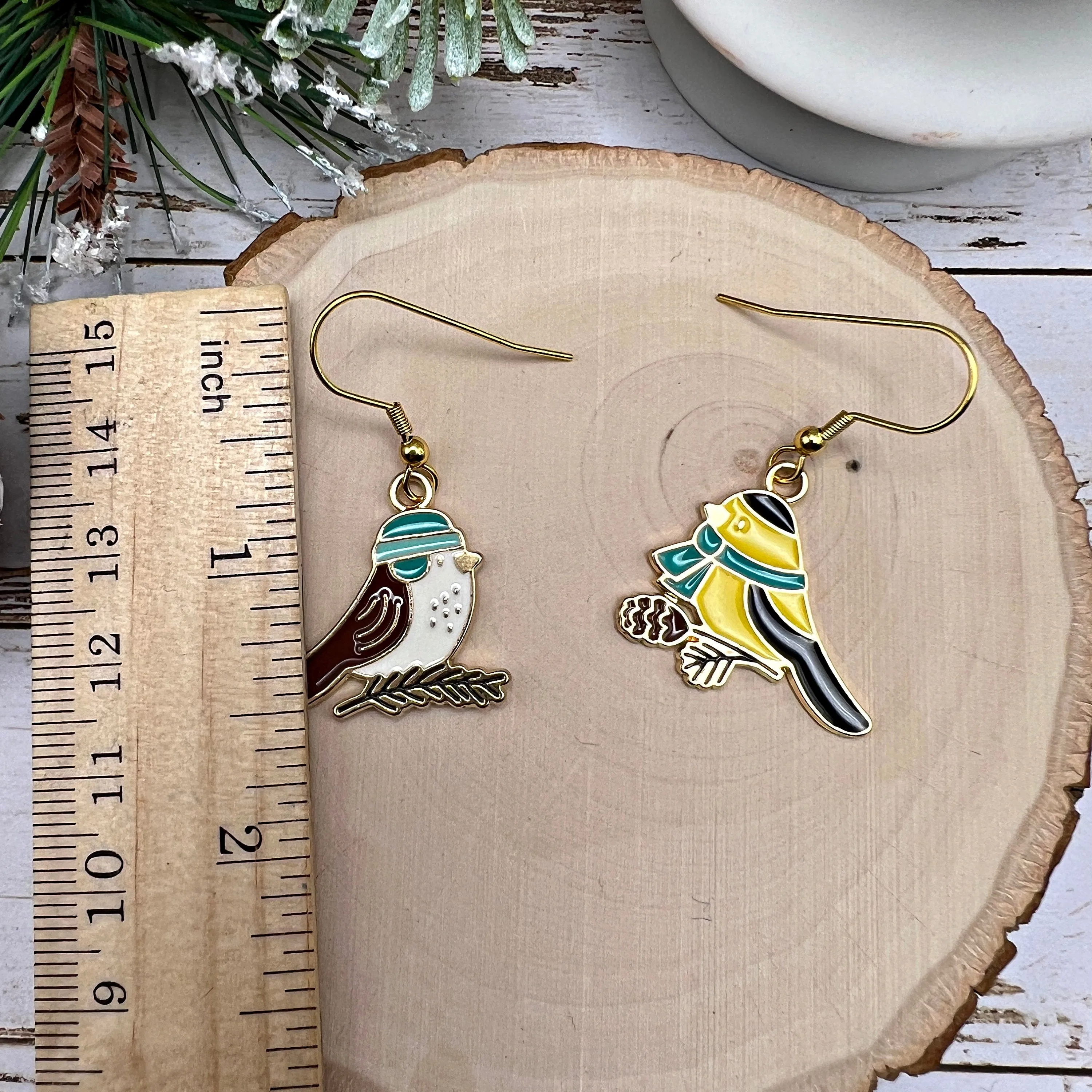 Winter Birds, Black-headed Oriole, Brown Trasher, Goldtone Enamel Hypoallergenic  Earrings - Animal