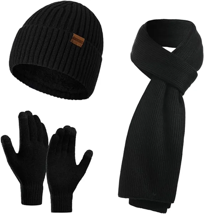 Winter Soft Beige/Brown Thermal Knit Beanie Hat, Gloves & Scarf Set