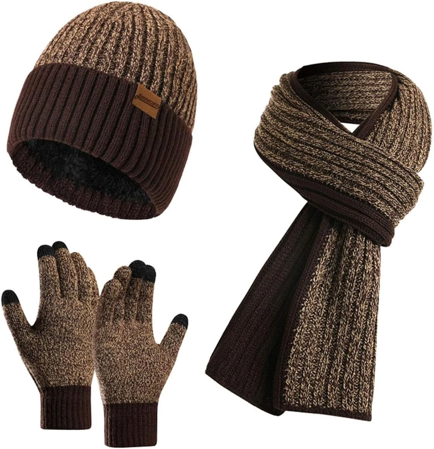 Winter Soft Beige/Brown Thermal Knit Beanie Hat, Gloves & Scarf Set