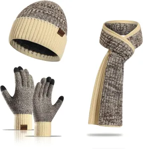 Winter Soft Beige/Brown Thermal Knit Beanie Hat, Gloves & Scarf Set