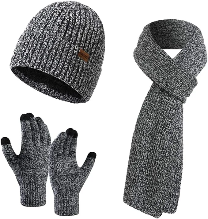 Winter Soft Beige/Brown Thermal Knit Beanie Hat, Gloves & Scarf Set