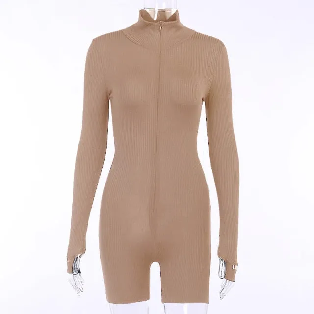 Women Front Zip Long Sleeve Bodycon Biker Short Rompers