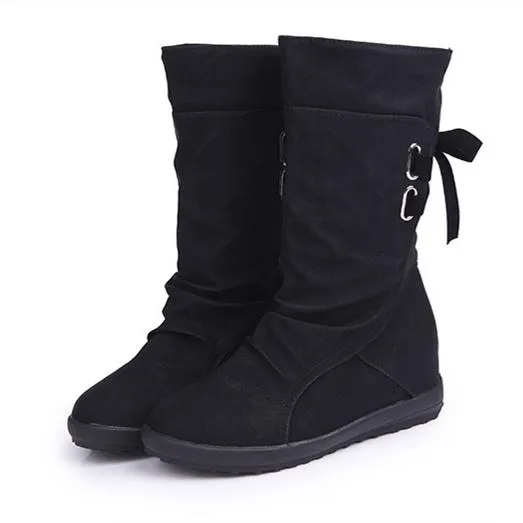 Women mid calf back lace up pleated flat boots