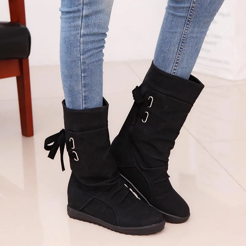 Women mid calf back lace up pleated flat boots